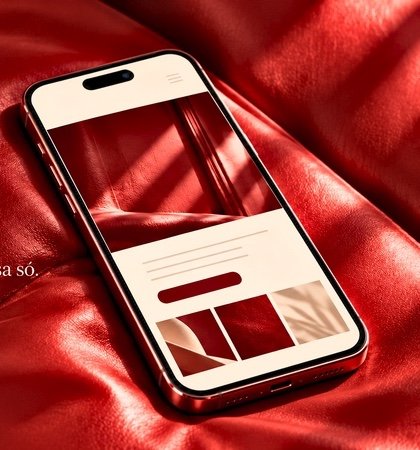 Celular com layout de site sobre couro vermelho