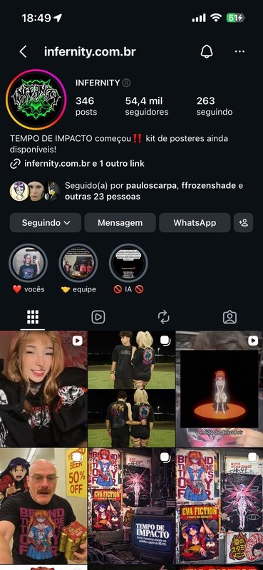 Perfil da Infernity no Instagram em celular